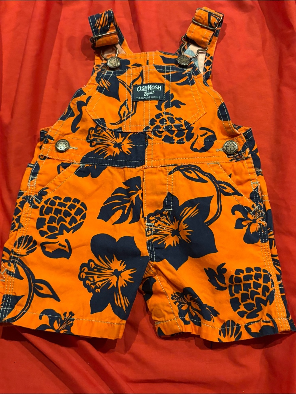 VTG OshKosh B’Gosh 6M Orange Blue Tropical Floral Shortalls Overalls Vestbak